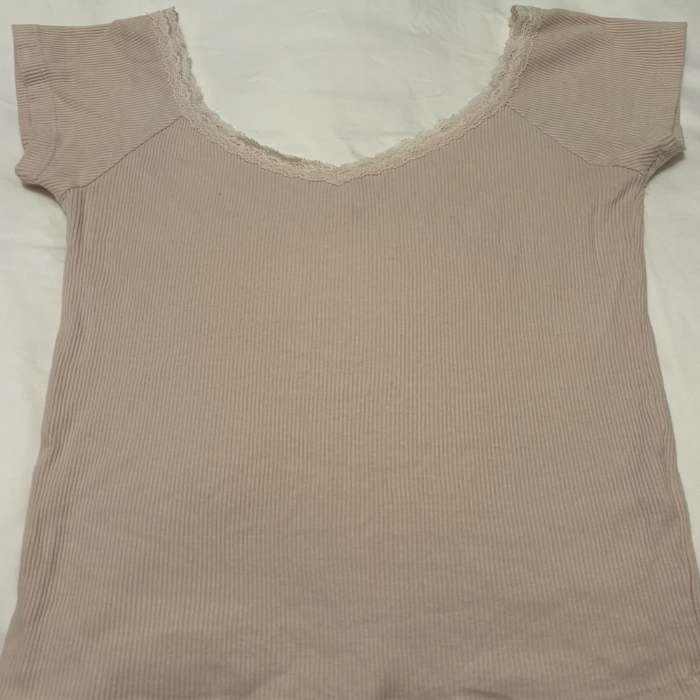 Brandy Melville Beige Ribbed Short Sleeve Top